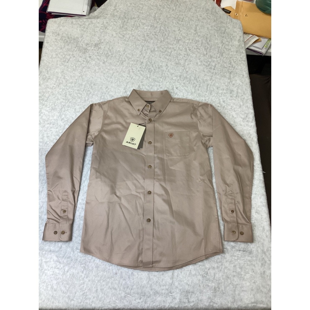 Ariat Boys Khaki Solid Twill Long Sleeve Shirt L 14-16 10073016 NWT Mark SEE PIC